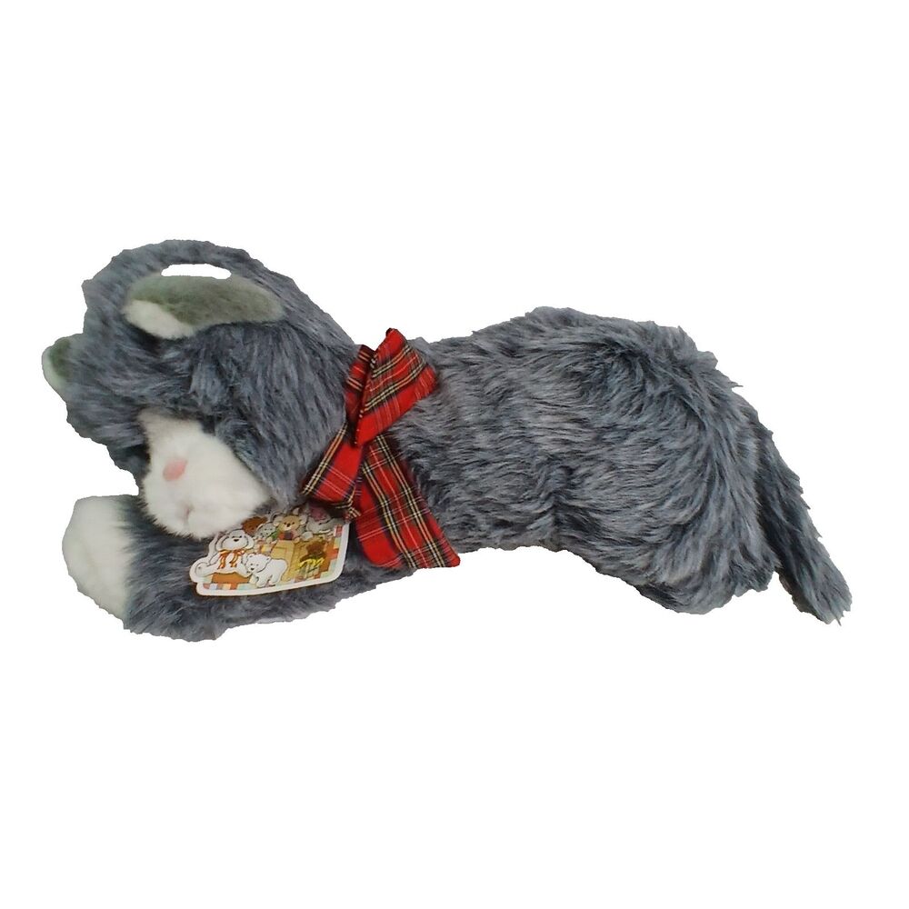 Gray Kitty Cat Kitten Plush Tartan Plain Bow Hug-A-Plush 15" White Tummy #1